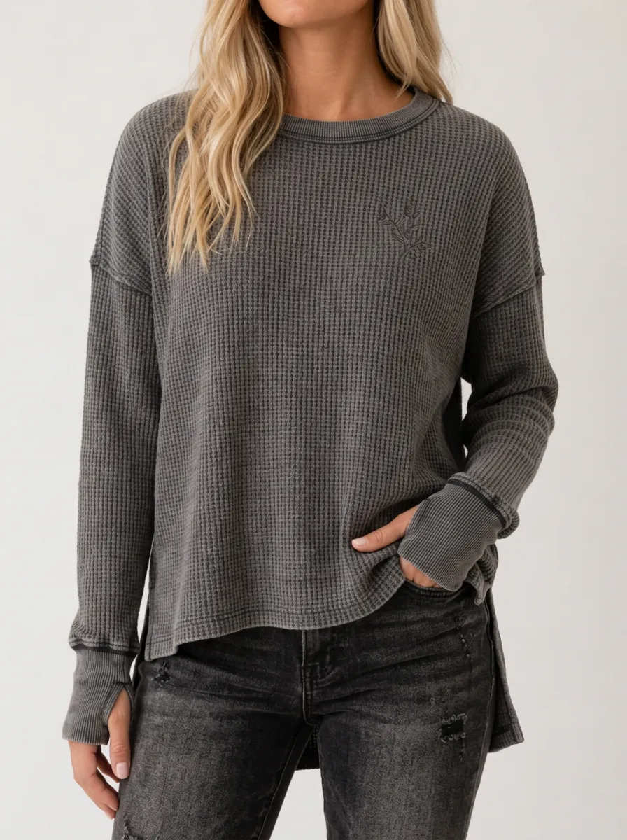 Women's Minimalist Floral Embroidered Waffle Knit Long Sleeve Top