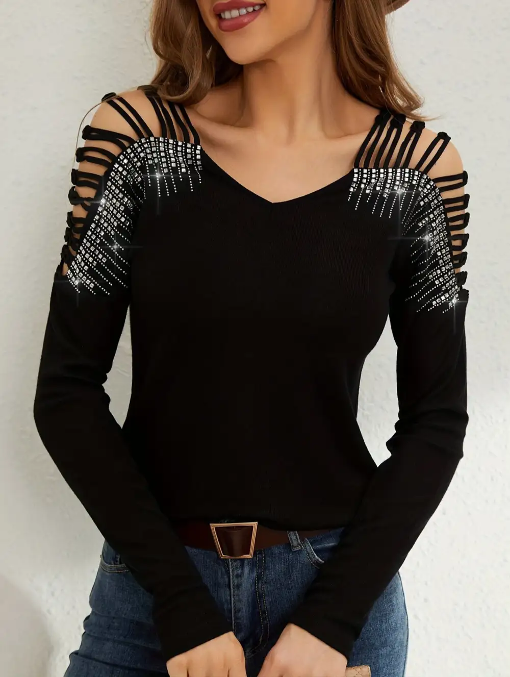 Rhinestone Openwork V Neck Tee