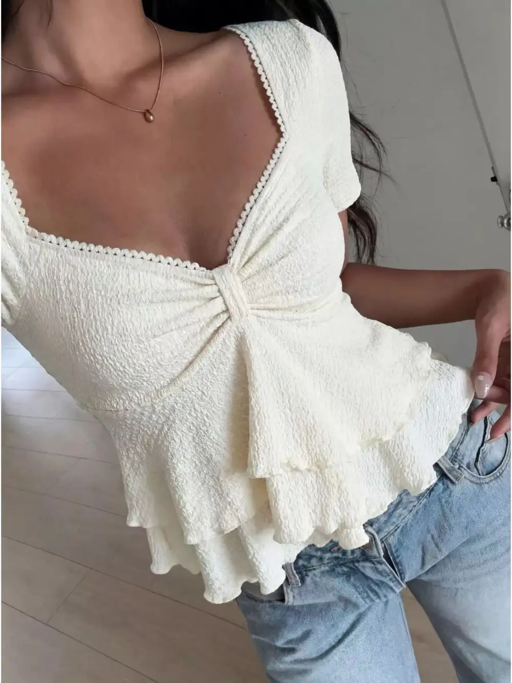 Sweetheart Neck Layered Ruffle Ruched Short Sleeve Top
