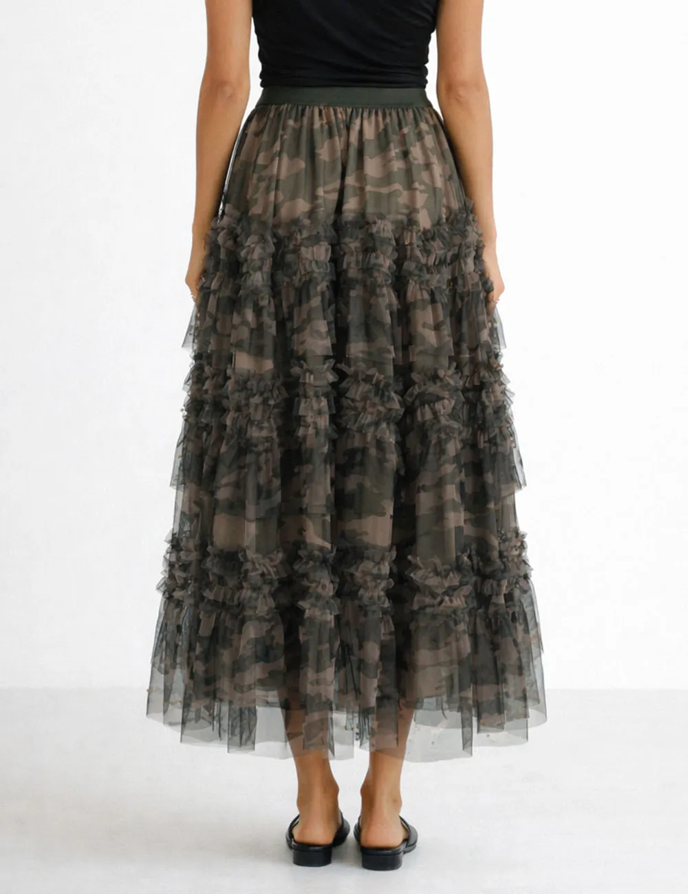 Casual Camo Pearl Tiered Ruffle Tulle Maxi Skirt