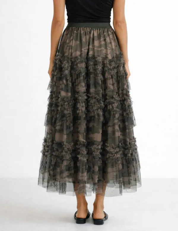 Casual Camo Pearl Tiered Ruffle Tulle Maxi Skirt