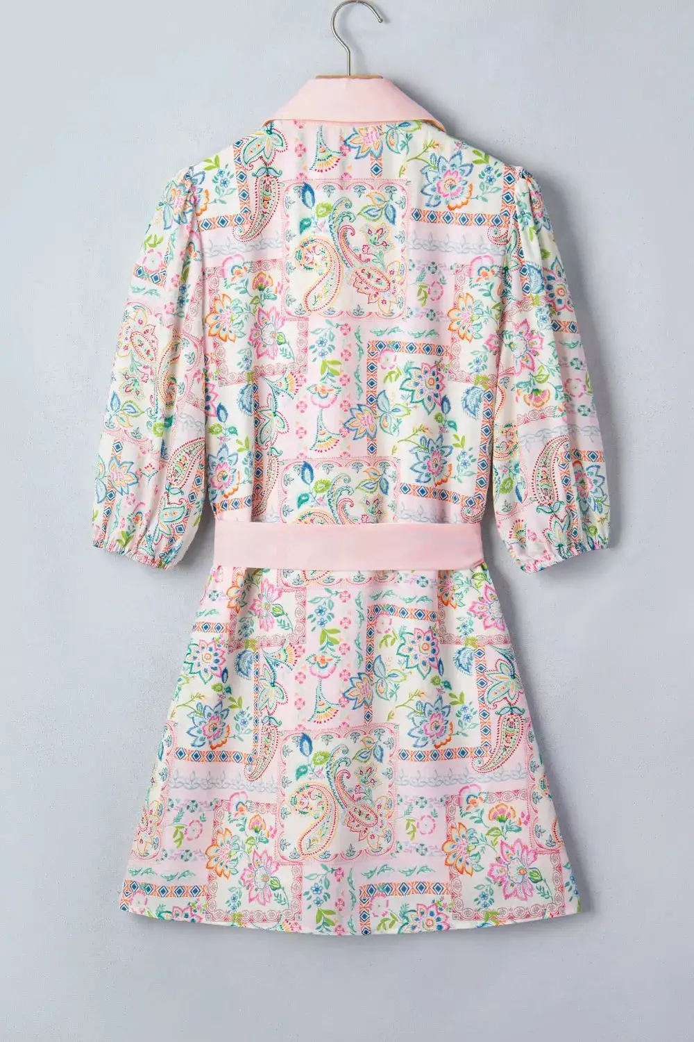 Print Color Block Trim Half Button Belted Mini Dress