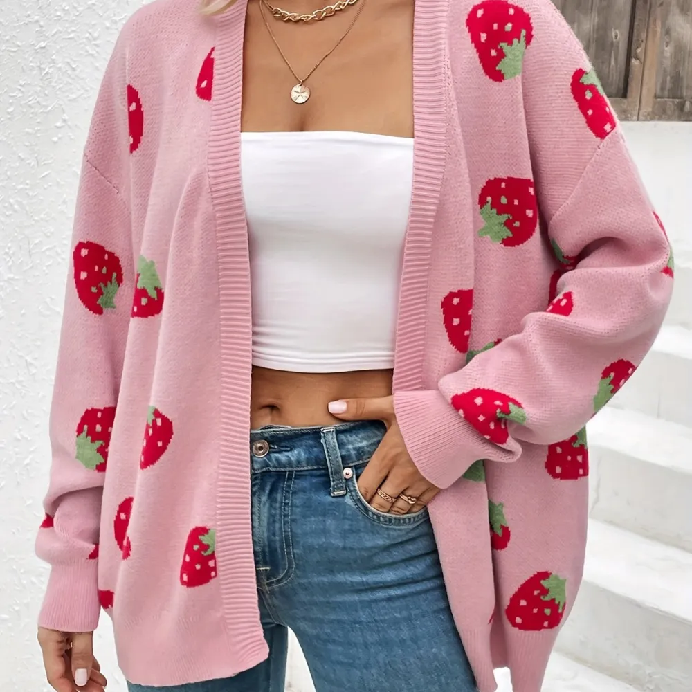 Elegant Long Sleeve Strawberry Pattern Open Front