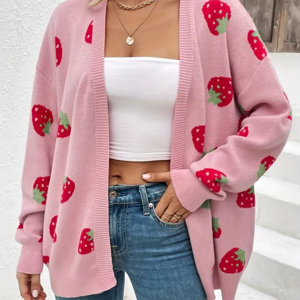 Elegant Long Sleeve Strawberry Pattern Open Front