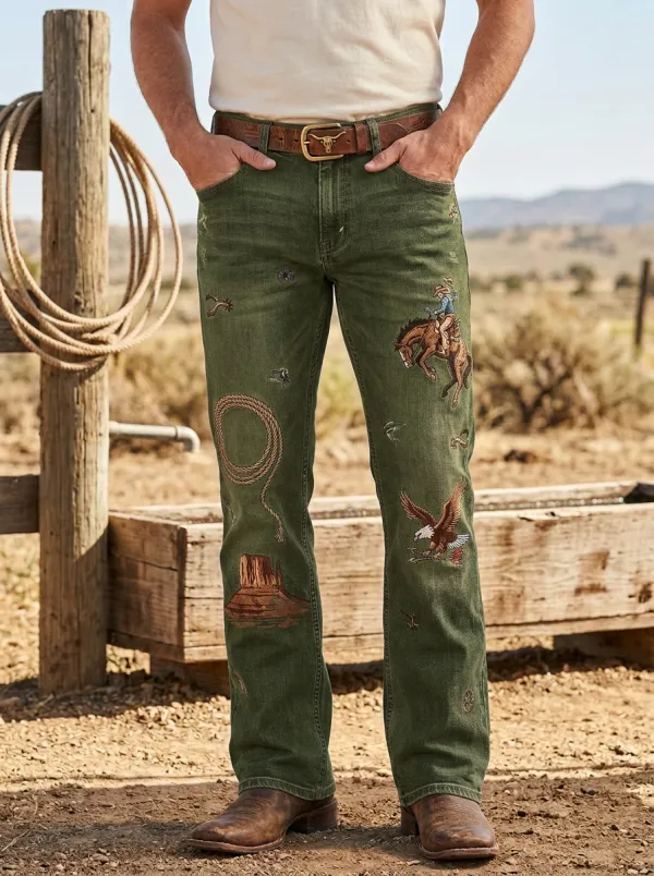 Men's Western Cowboy Rodeo Eagle Lasso Printed Jeans