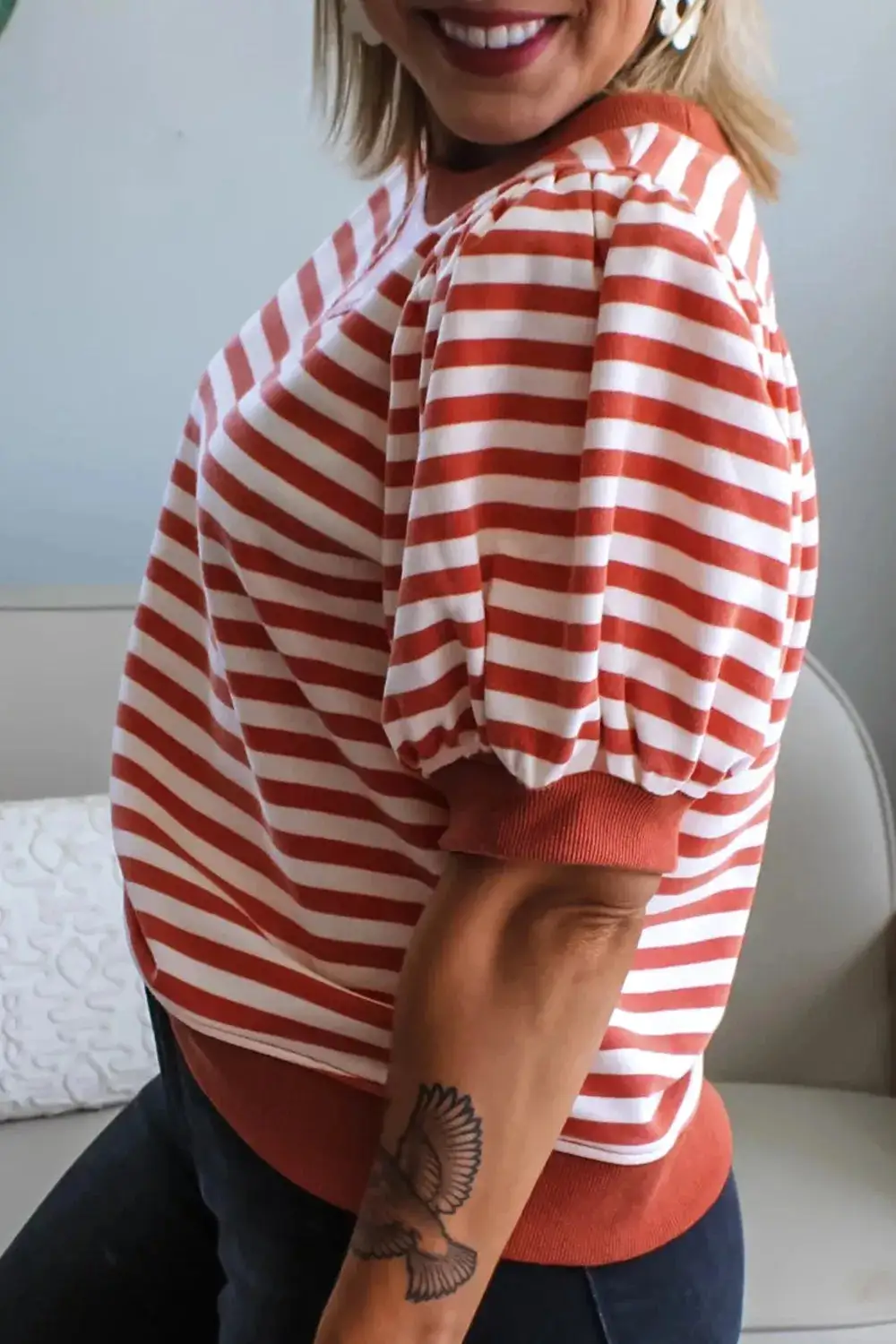 Striped Puff Sleeve Casual T Shirt