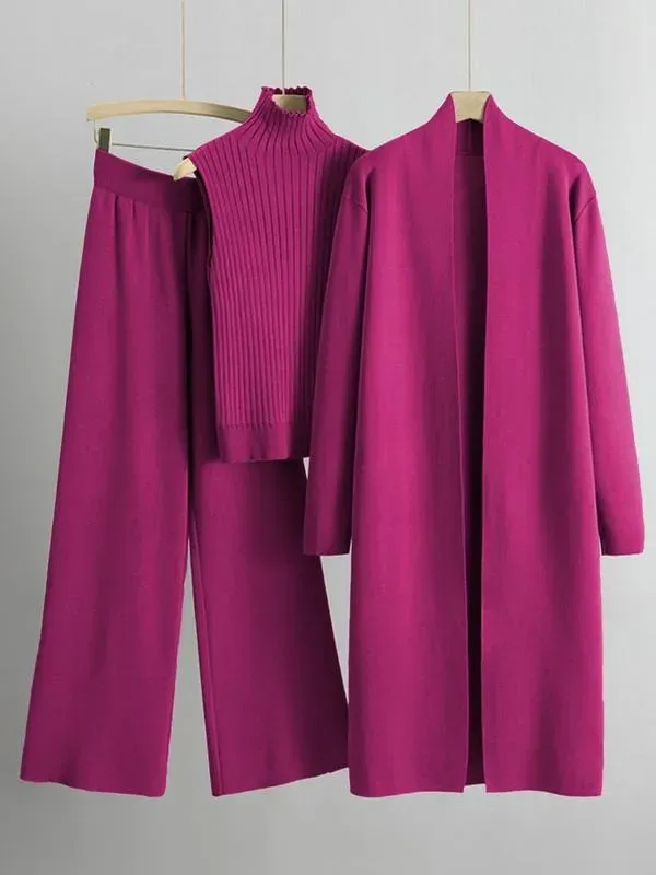 Trendy Knit Turtle Neck Tank & Wide Leg Trousers With Open-Front Long Cardigan Three-Piece Sets