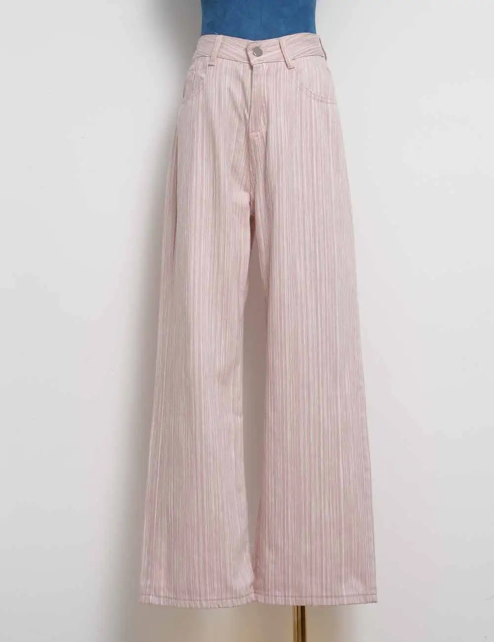 Color Block Striped Button Pocket Wide Leg Denim Pants