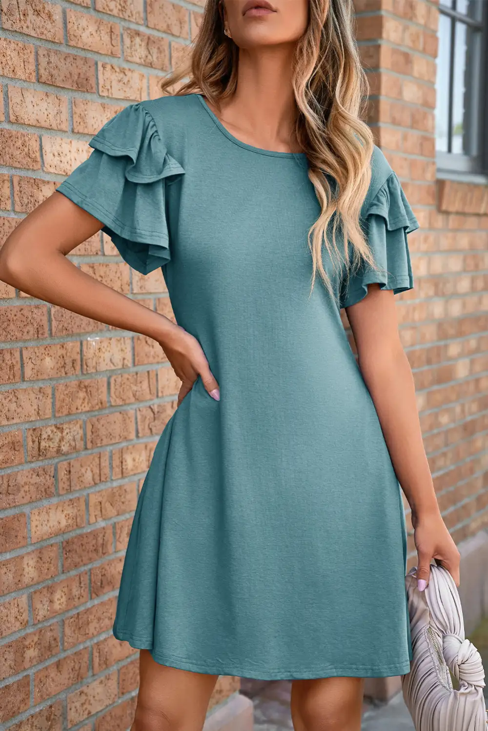 Round Neck Ruffle Short Sleeve Dress Casual