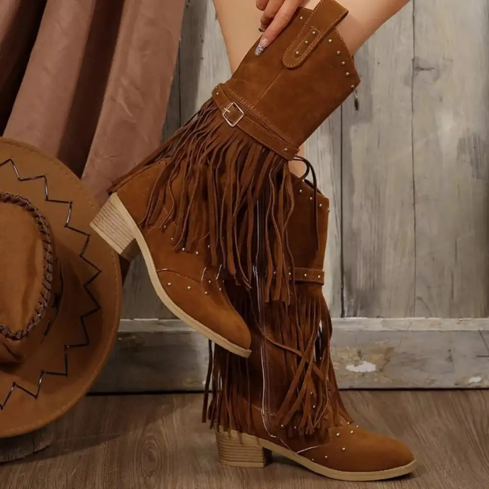 Refined Fringe Point Toe Block Heels Boots