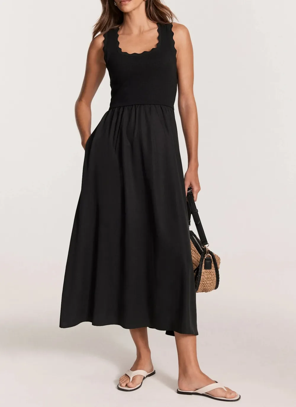 Casual Style Sleeveless Scallop Midi Dress