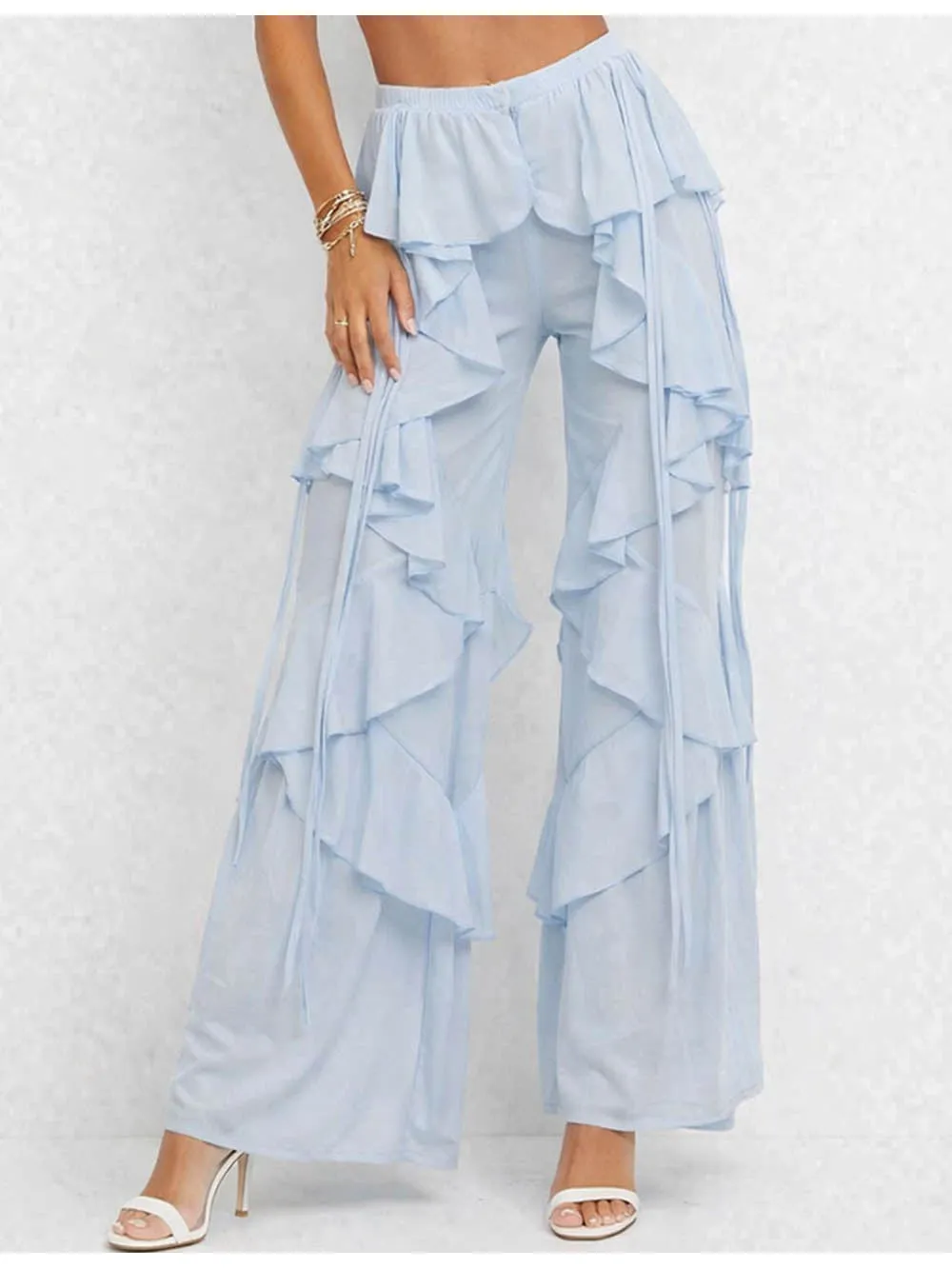 Boho Sheer Ruffle Elastic Waist Flared Leg Pants
