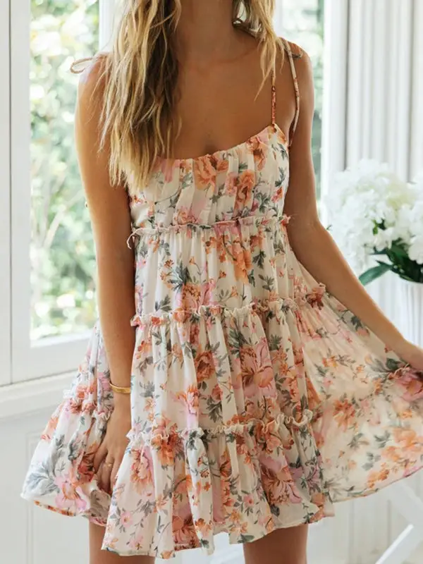 A Line Relaxed Flower Print Layered Pleated Split Joint Tied Spaghetti