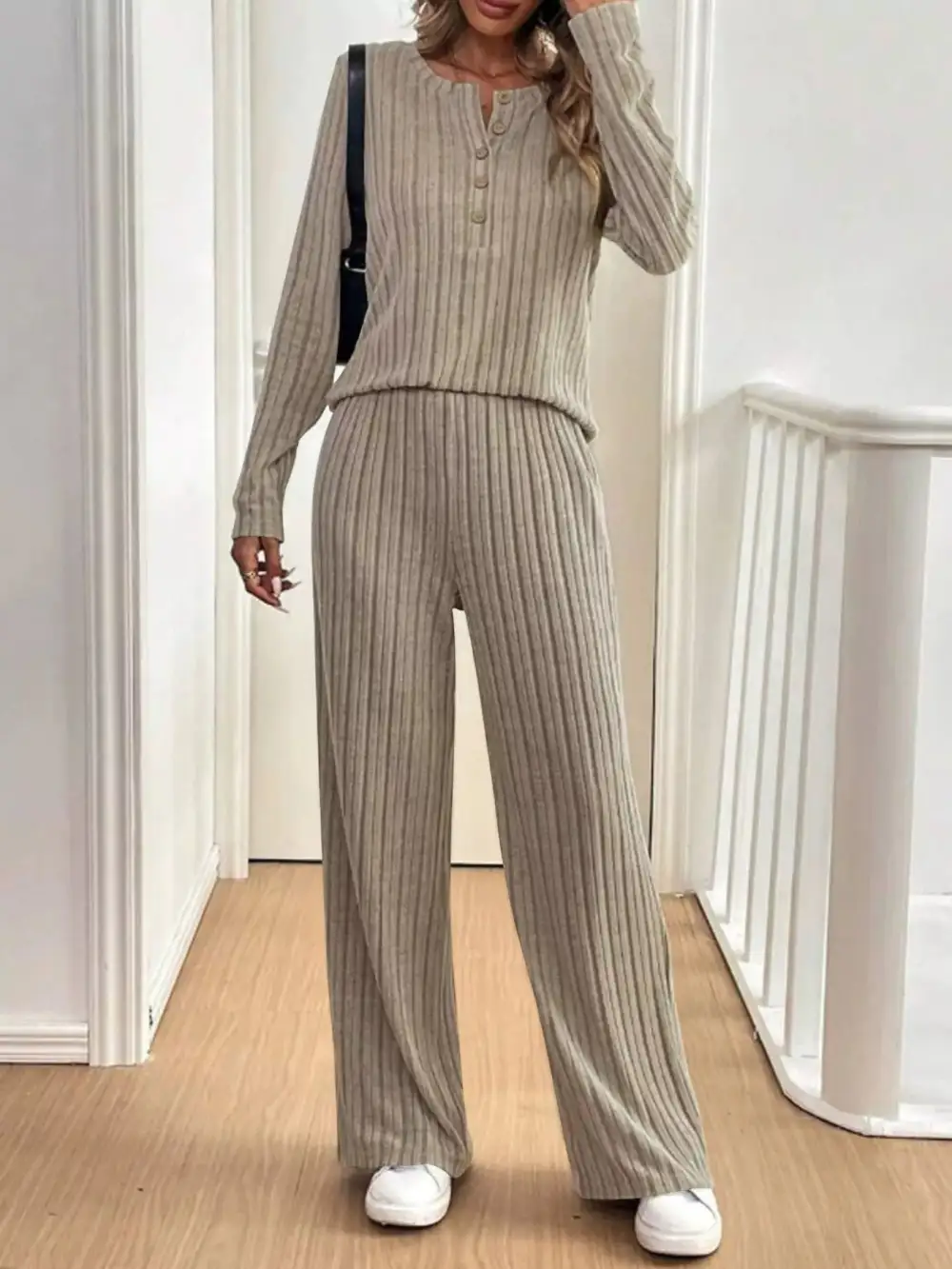 Plus Size Ribbed Knit Button Front Top and Pants Set