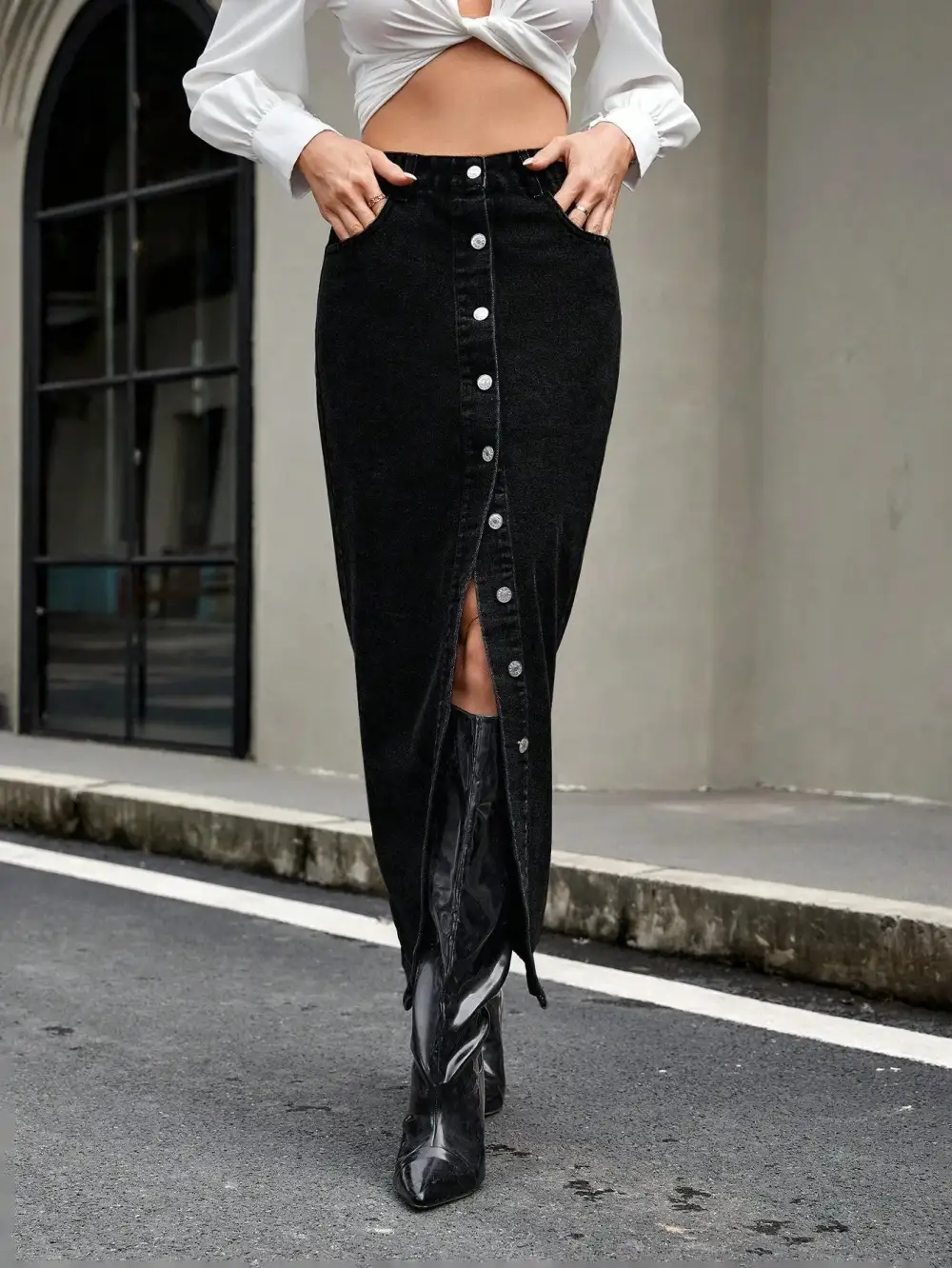 Minimal Button Front Denim Detail Skirt