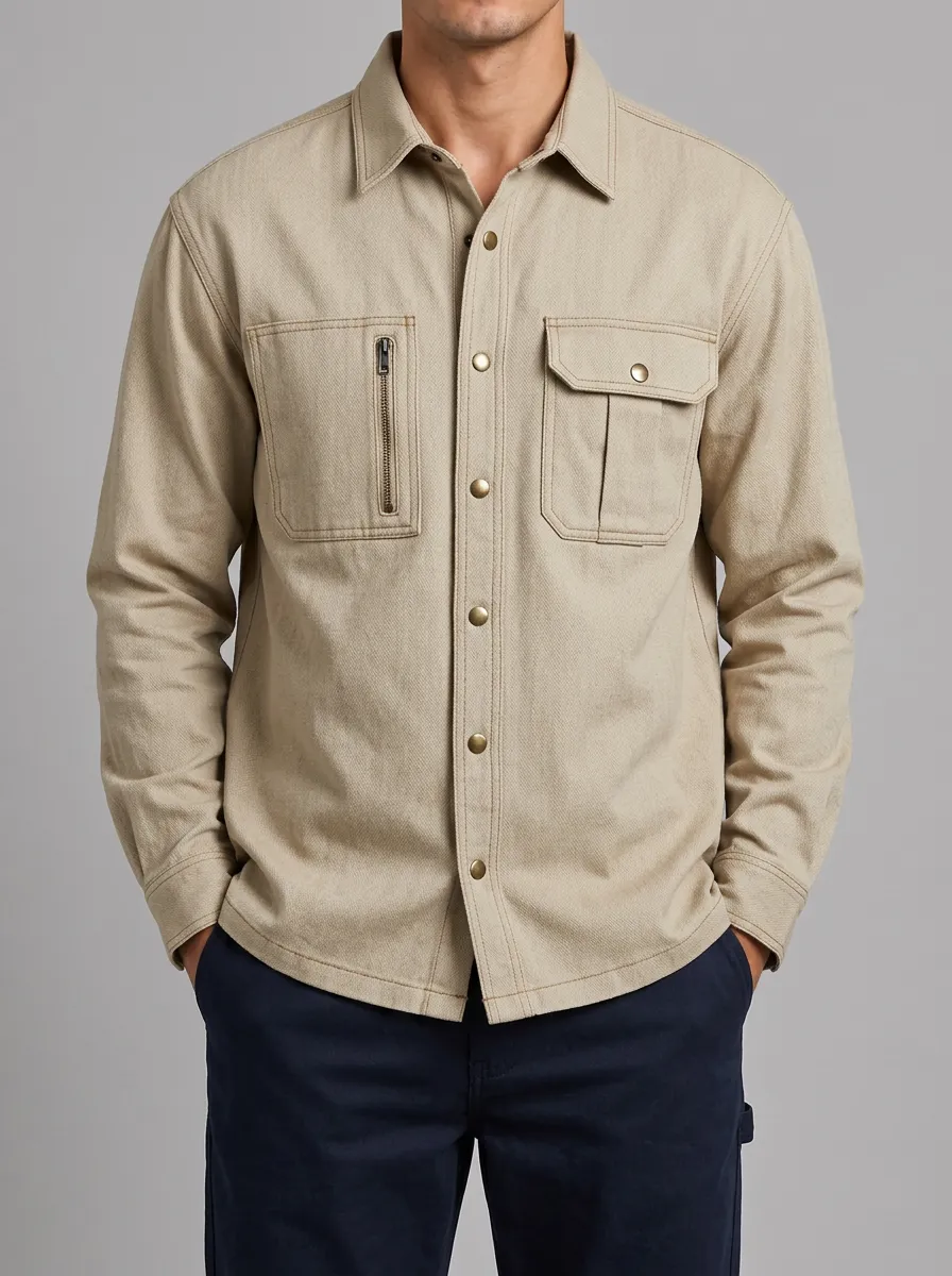 Men's Casual Khaki Utility Button-Down Shirt