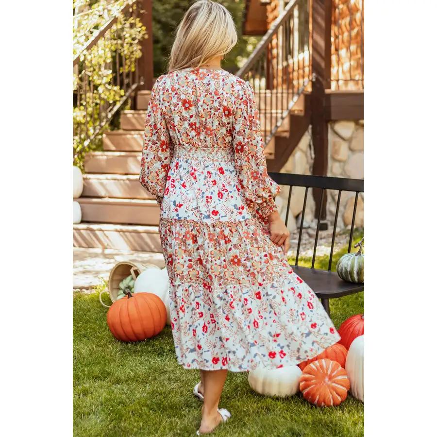 Full Size V-Neck Lantern Sleeve Midi Dress