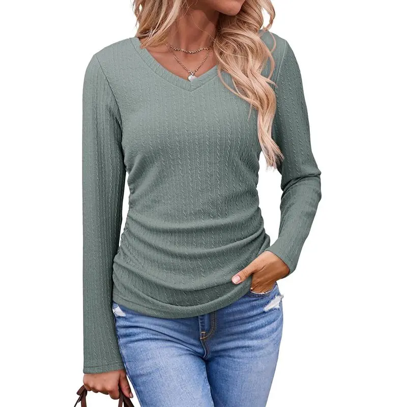 Womens Tops Casual V Neck Long Sleeve Shirts for Women Fashion Solid Ruched Basic Tunics Blouses
