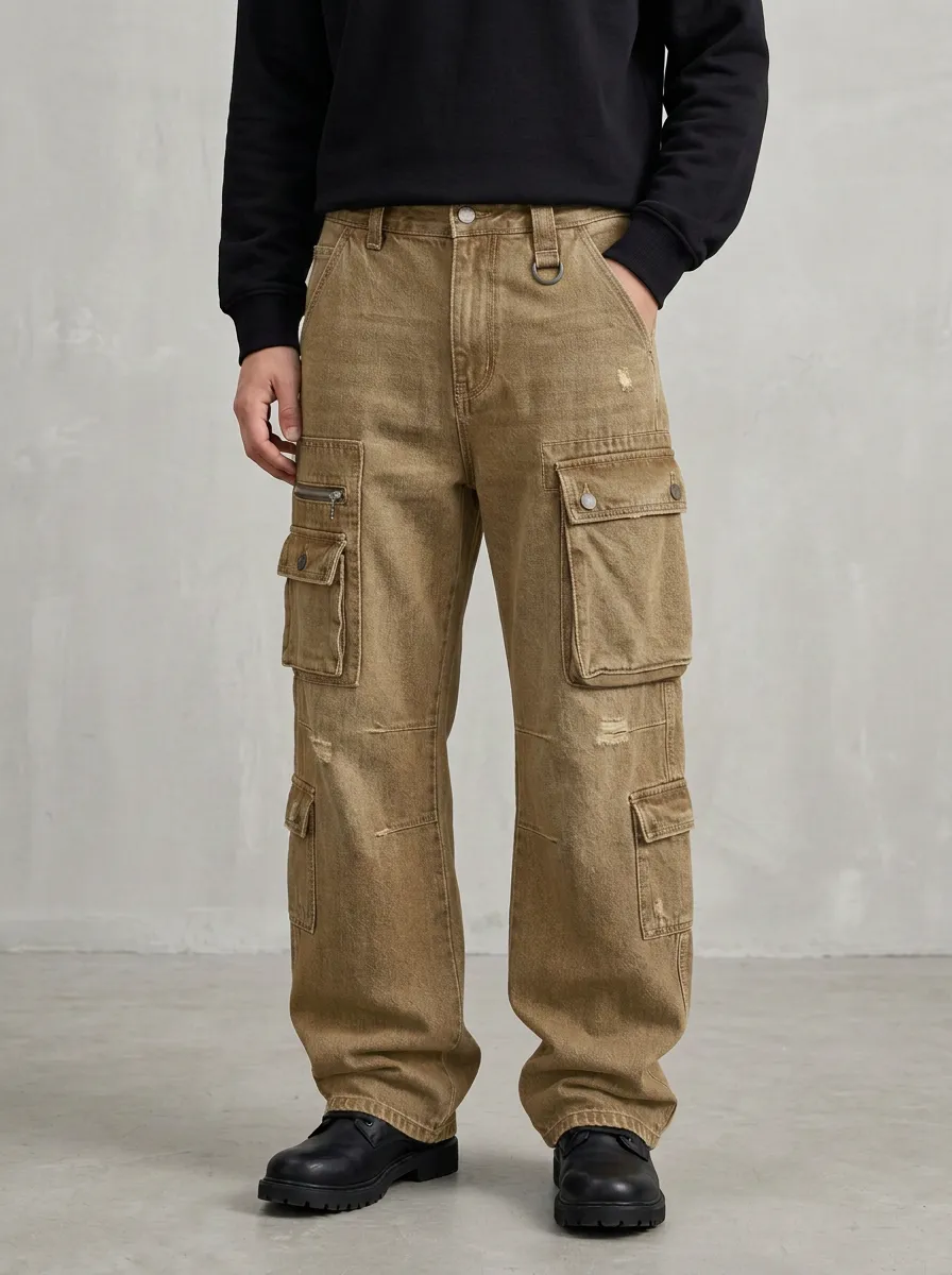Men's Mid-Blue Workwear Straight-Leg Cargo Jeans