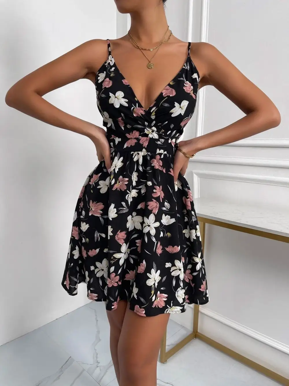Print V-neck Spaghetti Strap Mini Dress