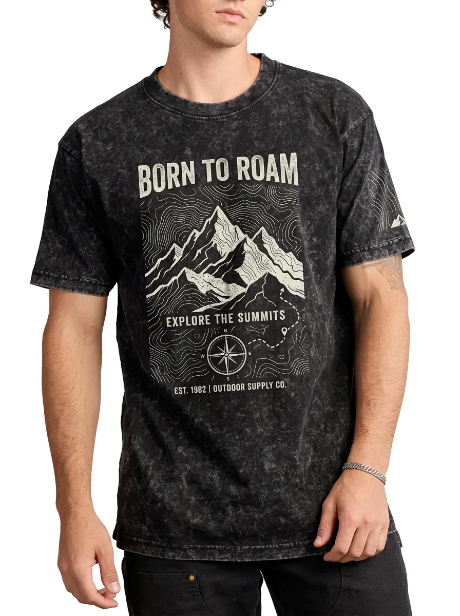Men's Acid Wash Adventure Route Outdoor Adventure Mountain Compass Graphic T-Shirt
