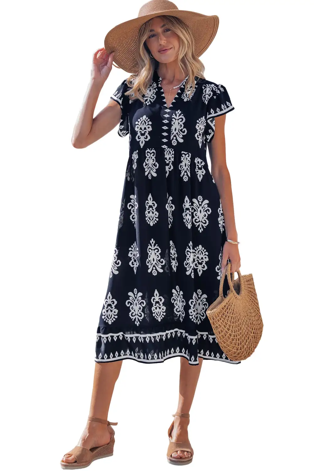 Printed Split Neck Short Sleeve Midi Dress