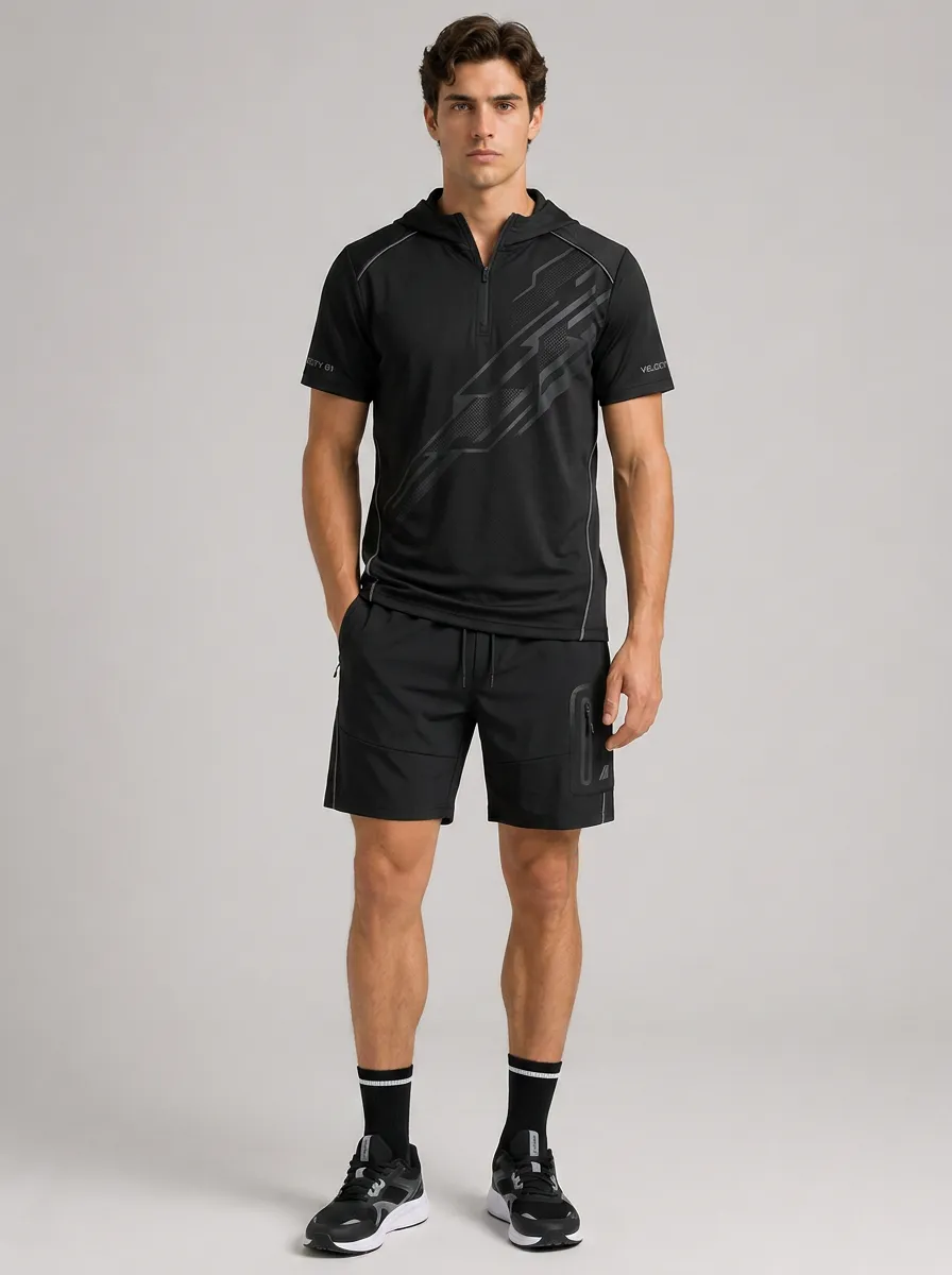 Men's Athletic Sports Geometric Printed Hooded Short Set