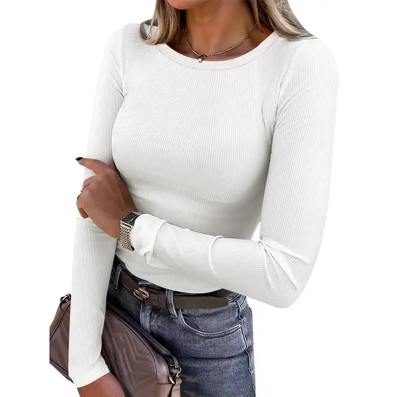 Women's Slim Fit Long Sleeve Crewneck Rib Knit Basic Tee