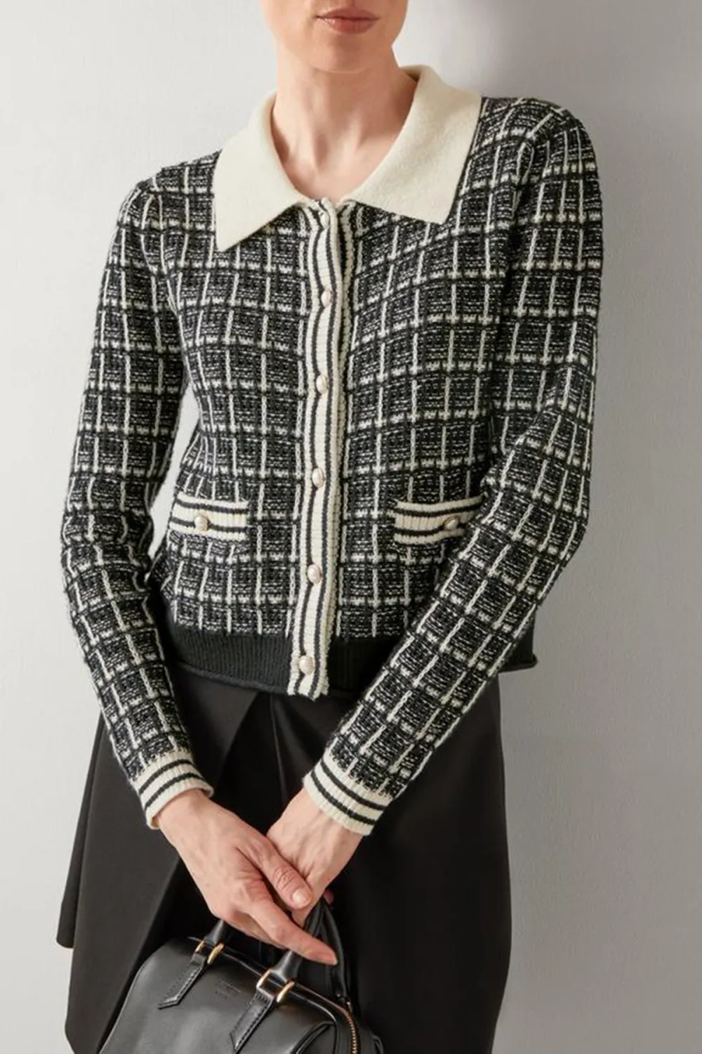Black White Tweed Polo Collar Knit Cardigan