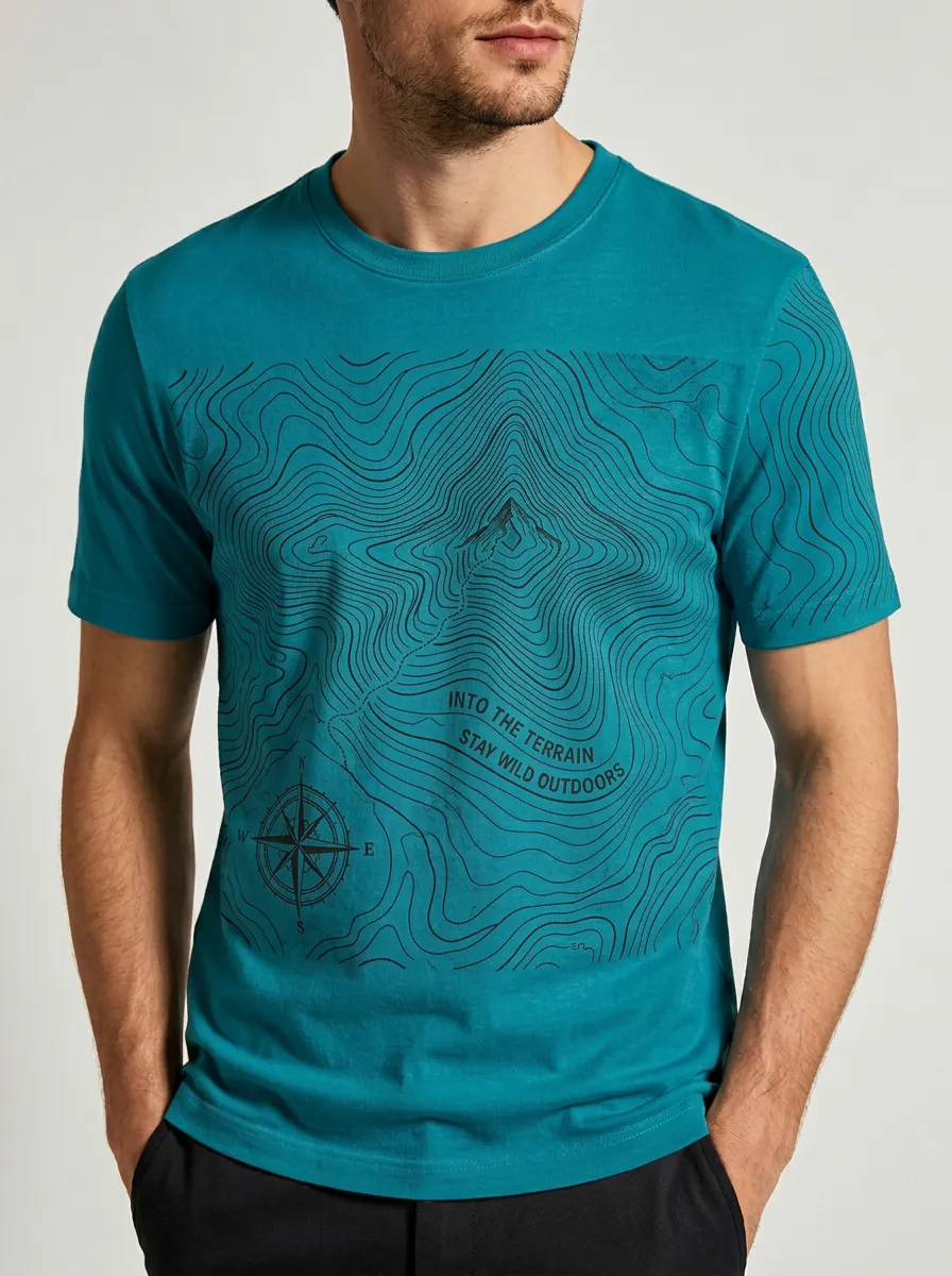 Men's Outdoor Adventure Topographic Map Compass Printed T-shirt