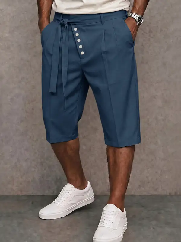 Men's Casual Tie Waist Slant Placket Suit Shorts