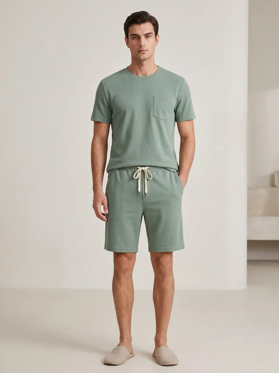 Men's Sage Green Waffle Knit Pocket T-shirt and Drawstring Shorts Set