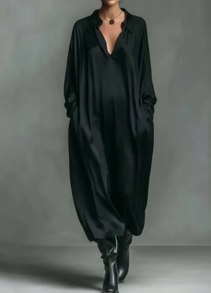 Satin Low Cut Shirt Maxi Dress