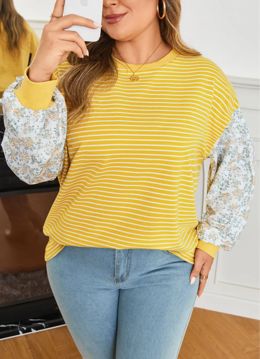 Women's Striped Floral Print Loose Fit Top