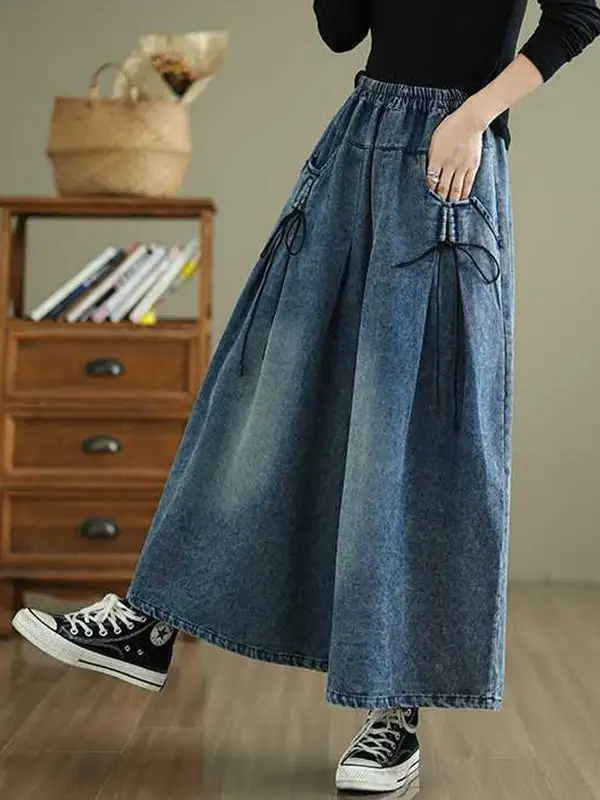 High Waist Relaxed Fit Wide Leg Pleated Elastic Waist Pocket Jeans