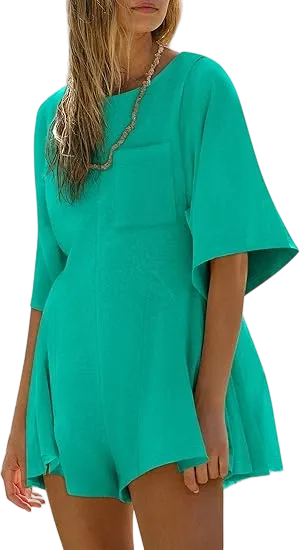 Women’s Summer Slim Fit Romper – Short Sleeve Crew Neck Jumpsuit with Pocket