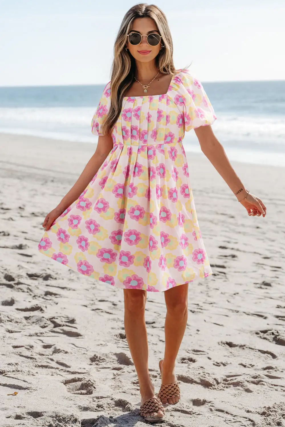 Floral Pleated Puff Sleeve Mini Dress