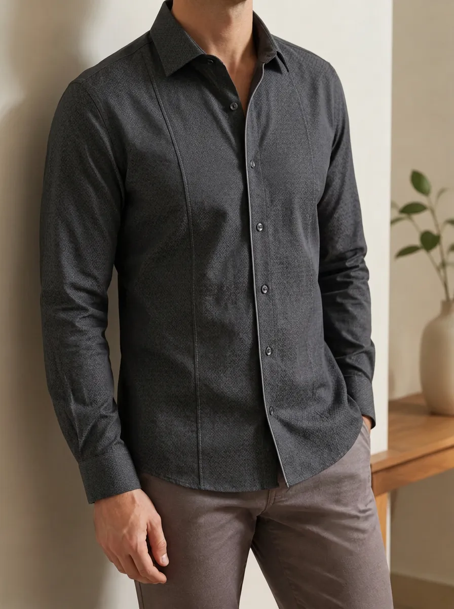 Men's Slim Fit Charcoal Textured Pattern Printed Shirt