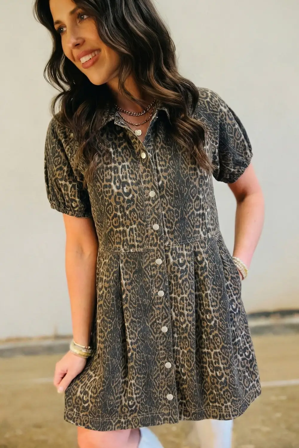 Animal Print Denim Pleated Mini Dress