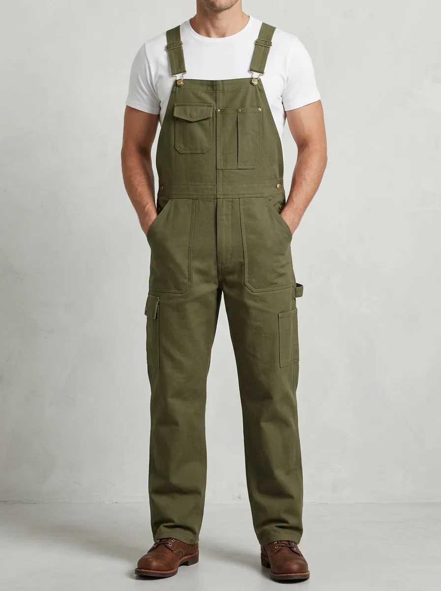 Men's Olive Green Adjustable-Strap Cargo Workwear Overalls