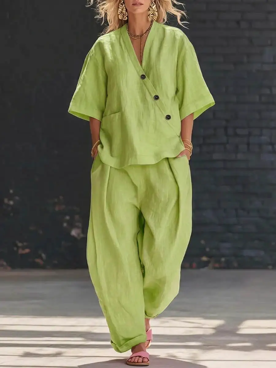 Relaxed V Neck Blouse And Pants Set