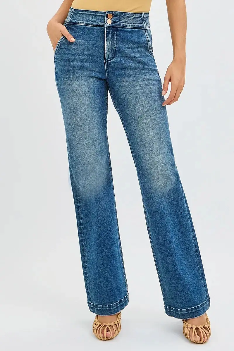 High Rise Bootcut Jeans With Double Button Waistband