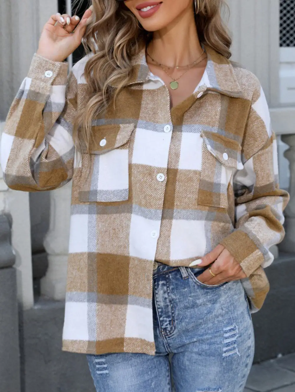 Button Detail Plaid Loose-Fitting Shirt