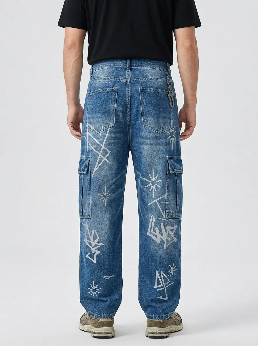 Men's Urban Streetwear Graffiti Star Cargo Detail Jeans