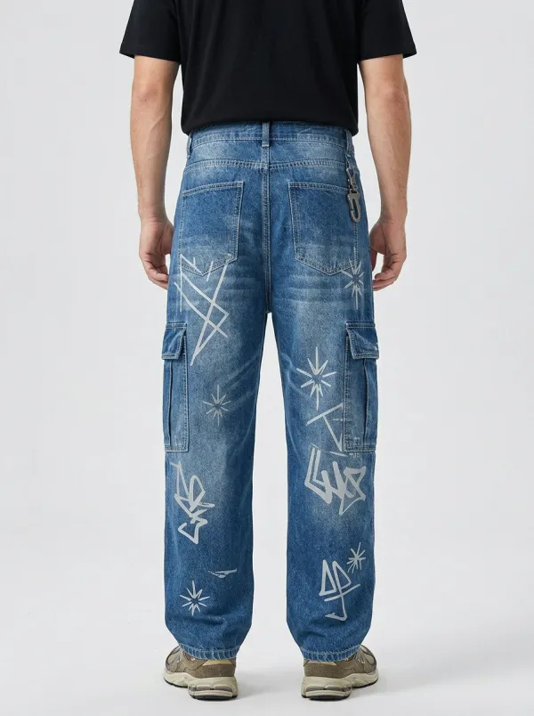 Men's Urban Streetwear Graffiti Star Cargo Detail Jeans