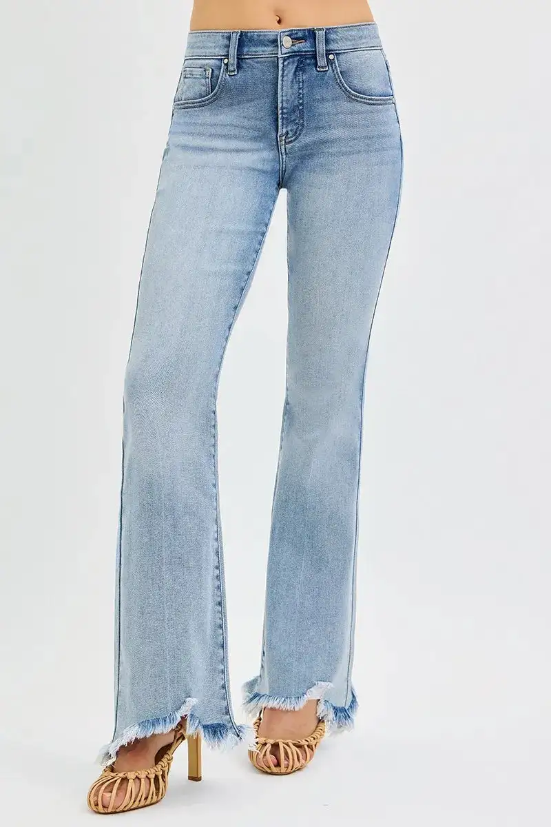 Mid Rise Frayed Flare Jeans
