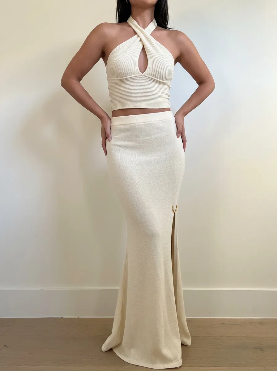 Women's Sexy Halter Neck Ribbed Knit Maxi Skirt Two-Piece Set