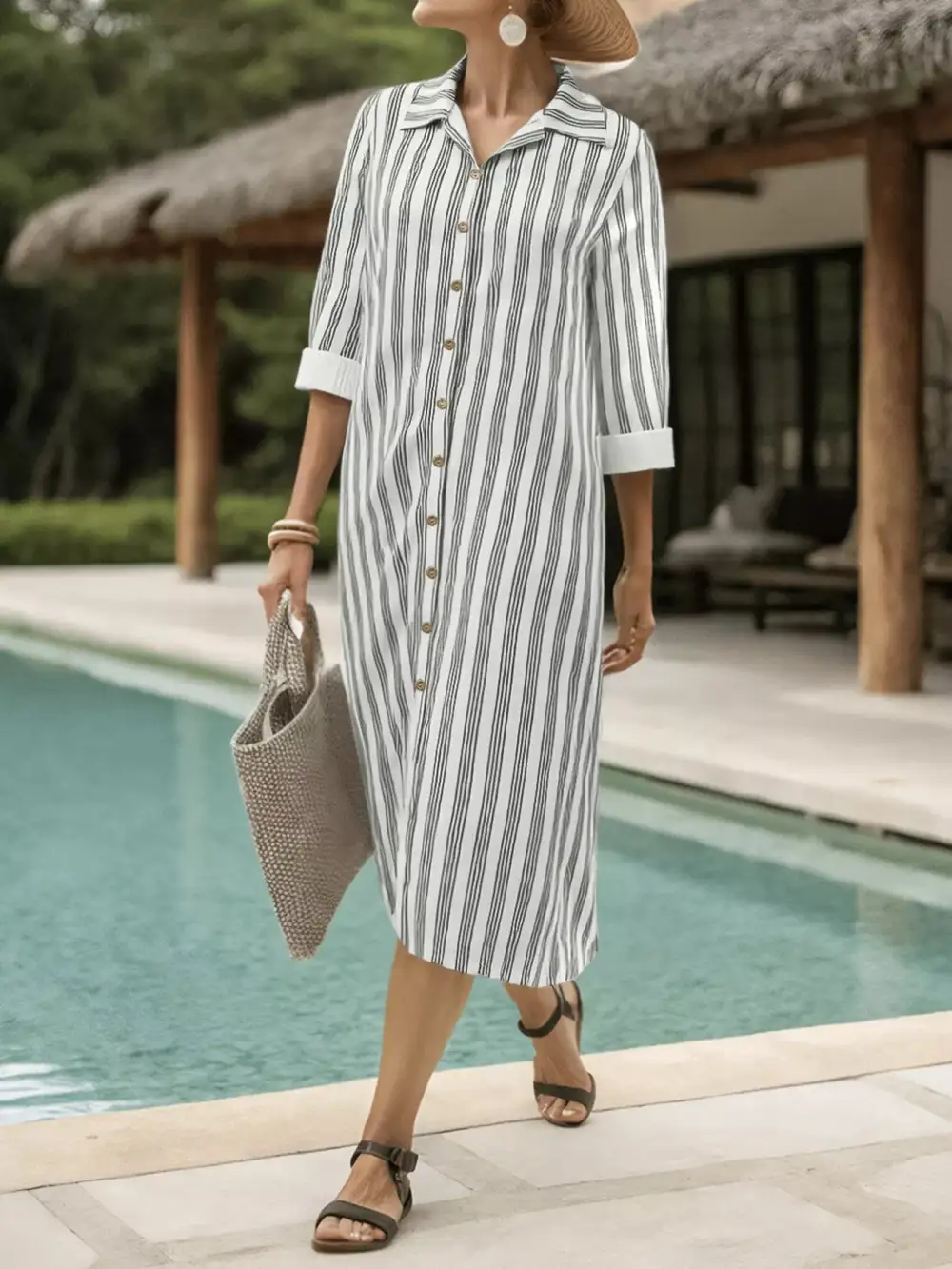 Drape Striped Button Front Midi Dress