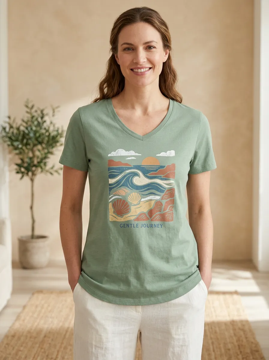 Women's Beach Ocean Seashell Sunset Print V-Neck T-Shirt
