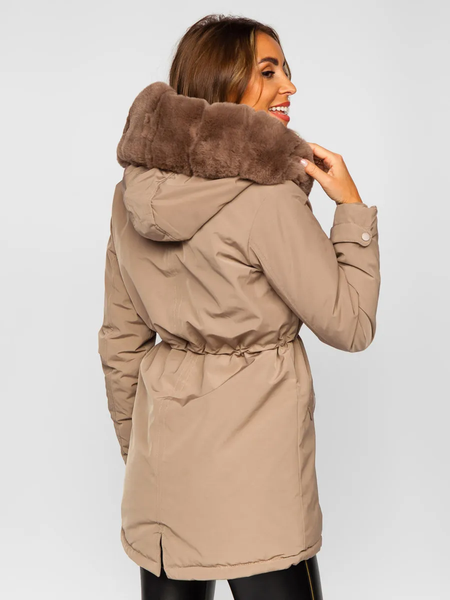 Beige women's winter parka jacket with hood